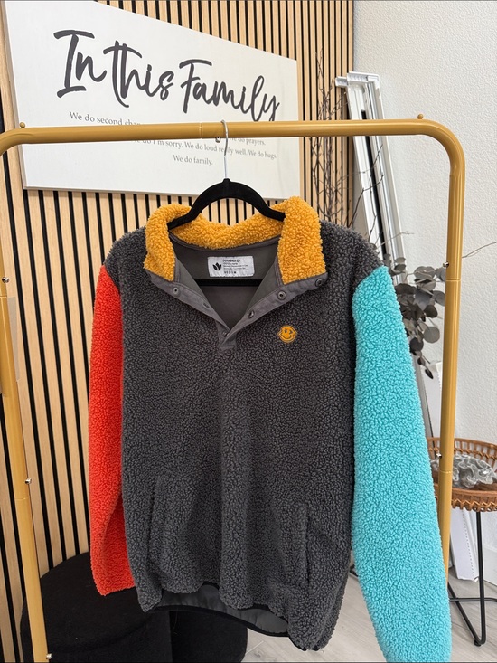 Dutch Bros Jackets & Blazers - Unisex Colorblock Sherpa Pullover Jacket - Gray with Red & Turquoise Sleeves
